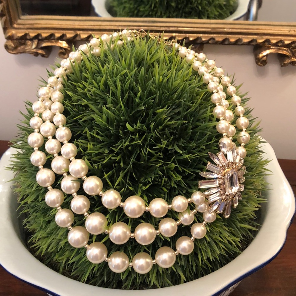 Ladies fashion necklace with triple strand of pearls and sparkly adornment.